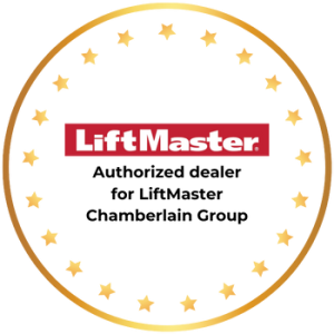 LiftMaster authorized dealer badge featuring a circular gold star border and red LiftMaster logo with the text “Authorized dealer for LiftMaster Chamberlain Group.